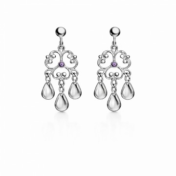 Ørepynt, rhodinert m/ lilla sten